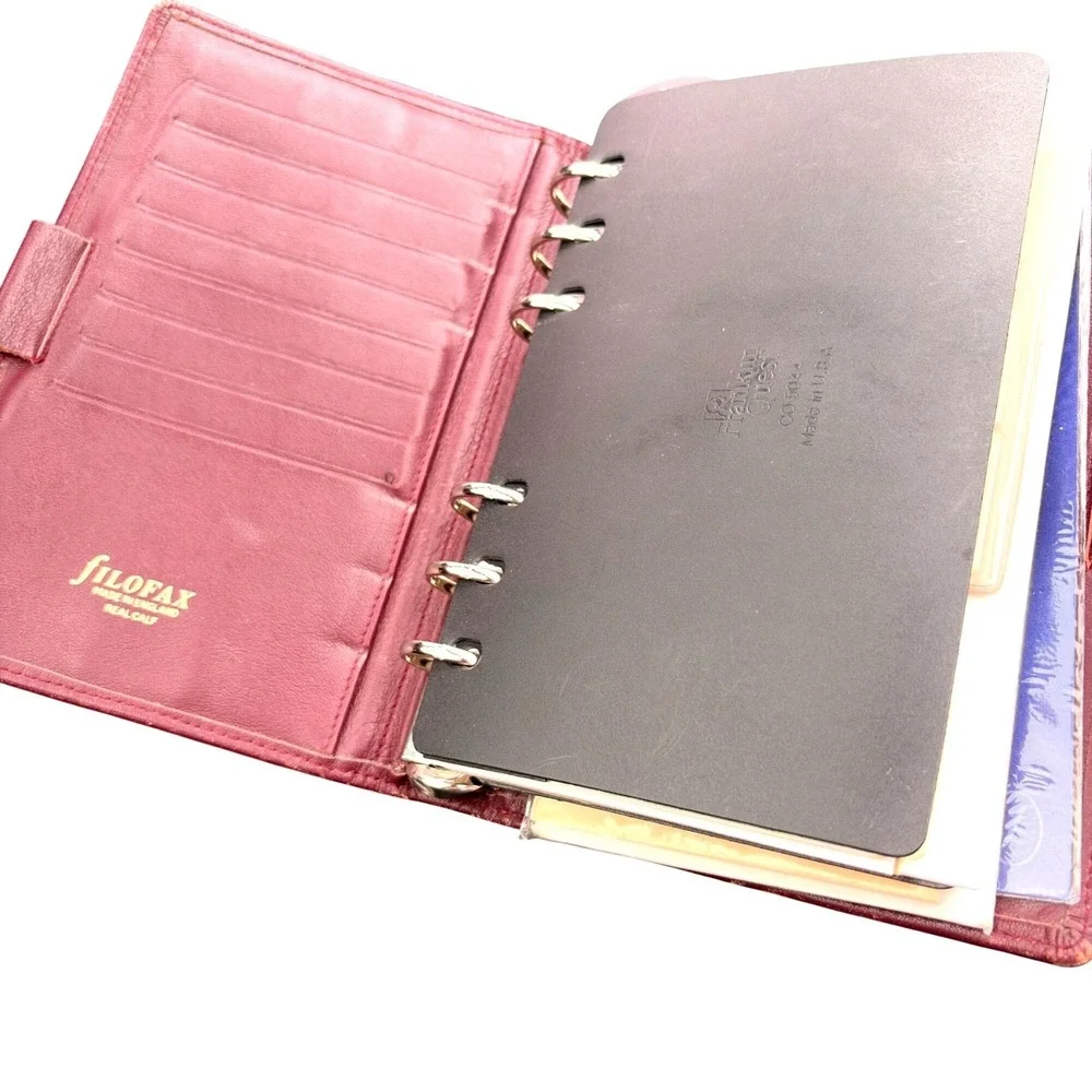 VTG Filofax Personal Organizer Planner Burgundy Leather 6 Ring Incerts Academia